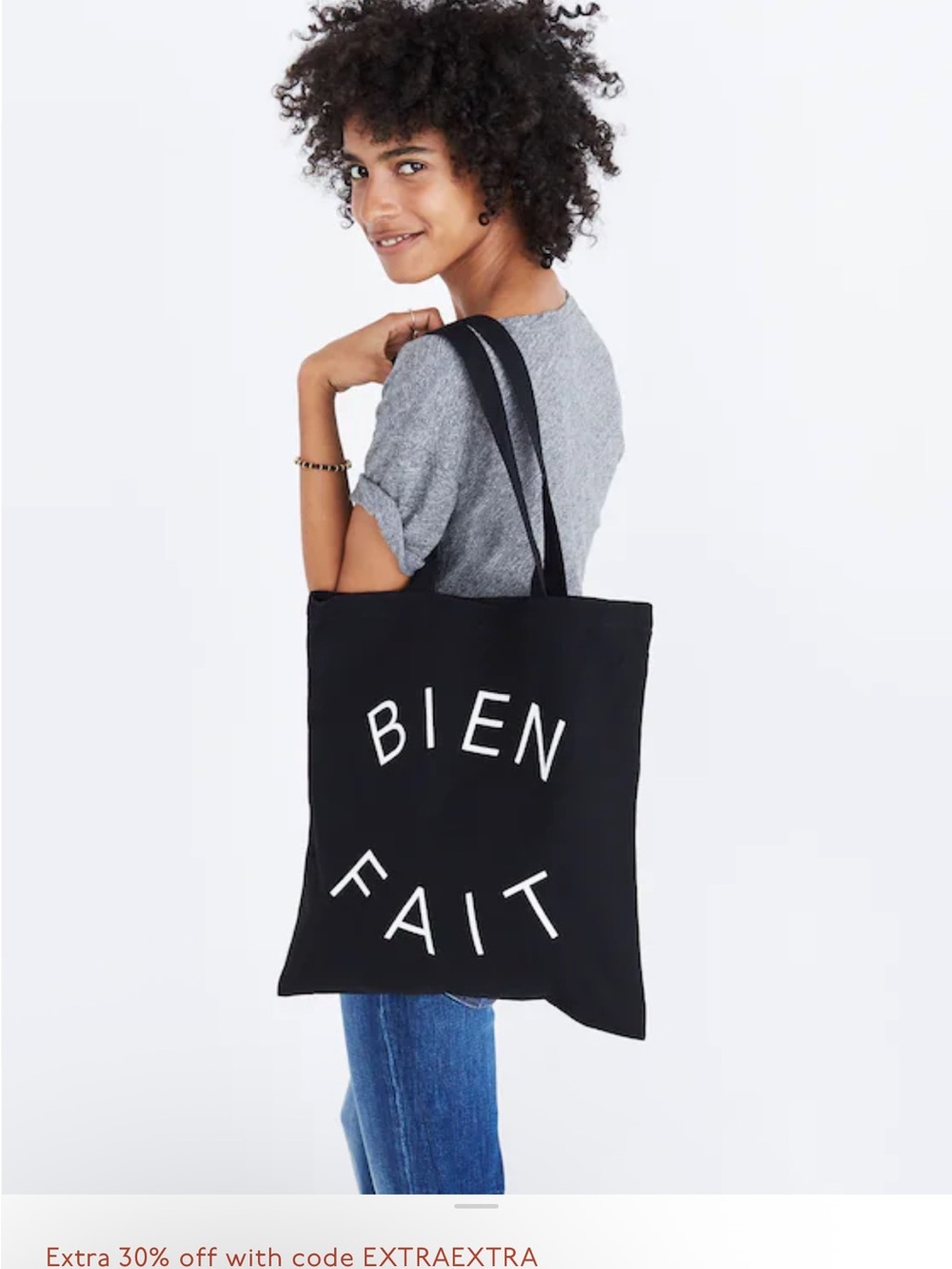 Madewell Black Canvas Tote with White 'BIEN FAIT' Lettering
